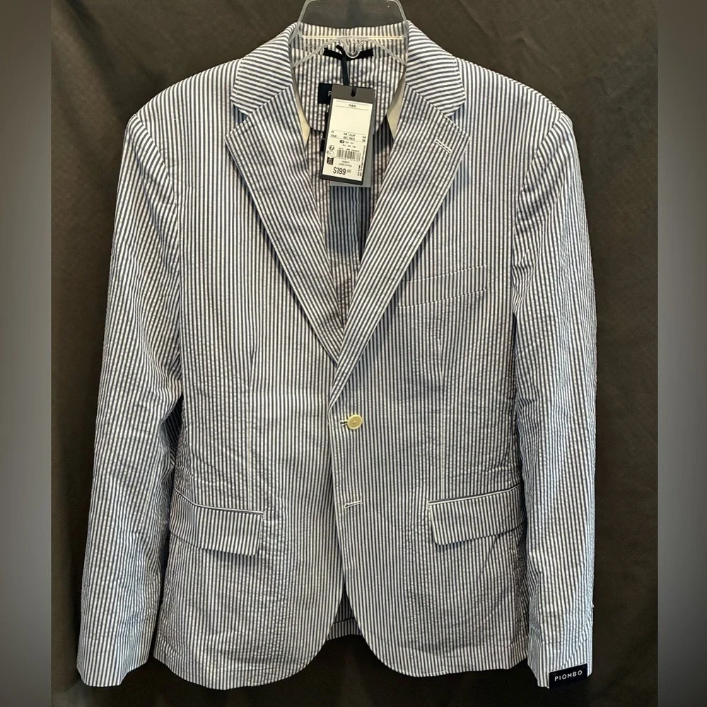 NWT Piombo Men’s Slim Fit Blue & White Cotton/Poly Pinstripe Blazer; Size 38